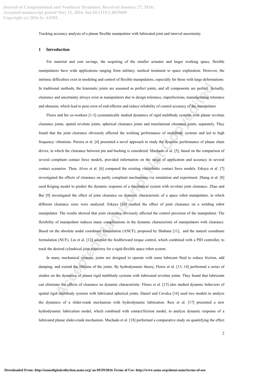 外文翻译原文-跟踪平面柔性机械臂的精度的分析与润滑关节和间隔时间的不确定性.pdf_第2页