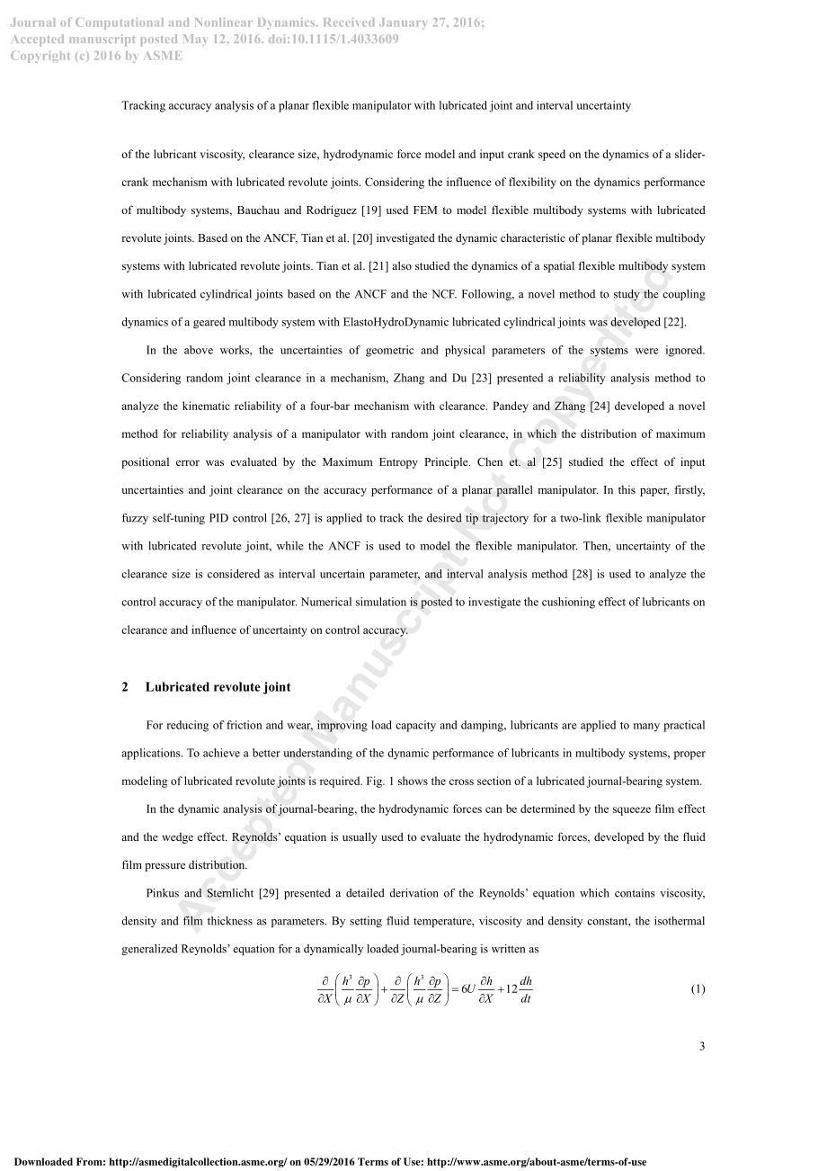 外文翻译原文-跟踪平面柔性机械臂的精度的分析与润滑关节和间隔时间的不确定性.pdf_第3页