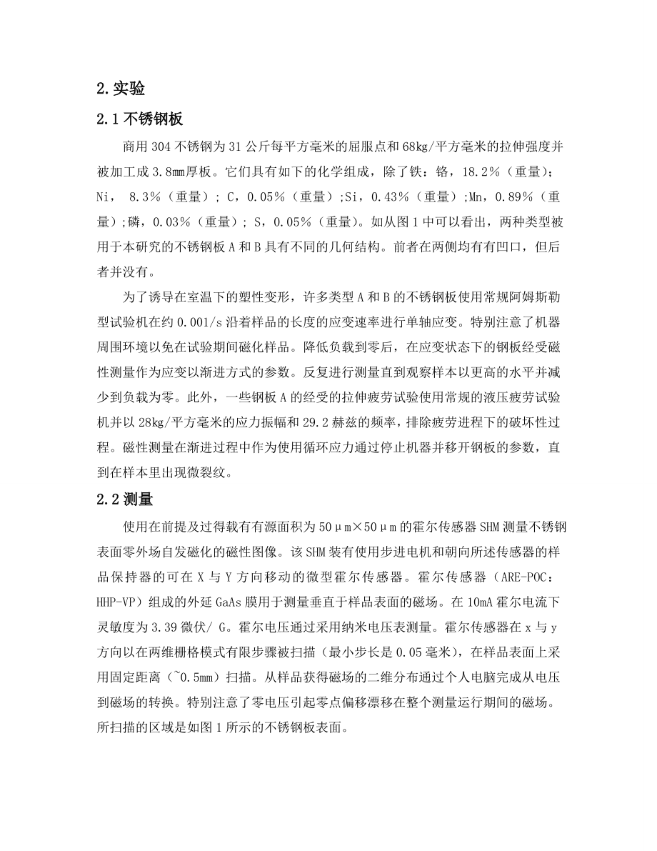 外文翻译-使用扫描霍尔显微镜观察由于应力或疲劳过程在奥氏体不锈钢的磁性图像的变化.doc_第2页