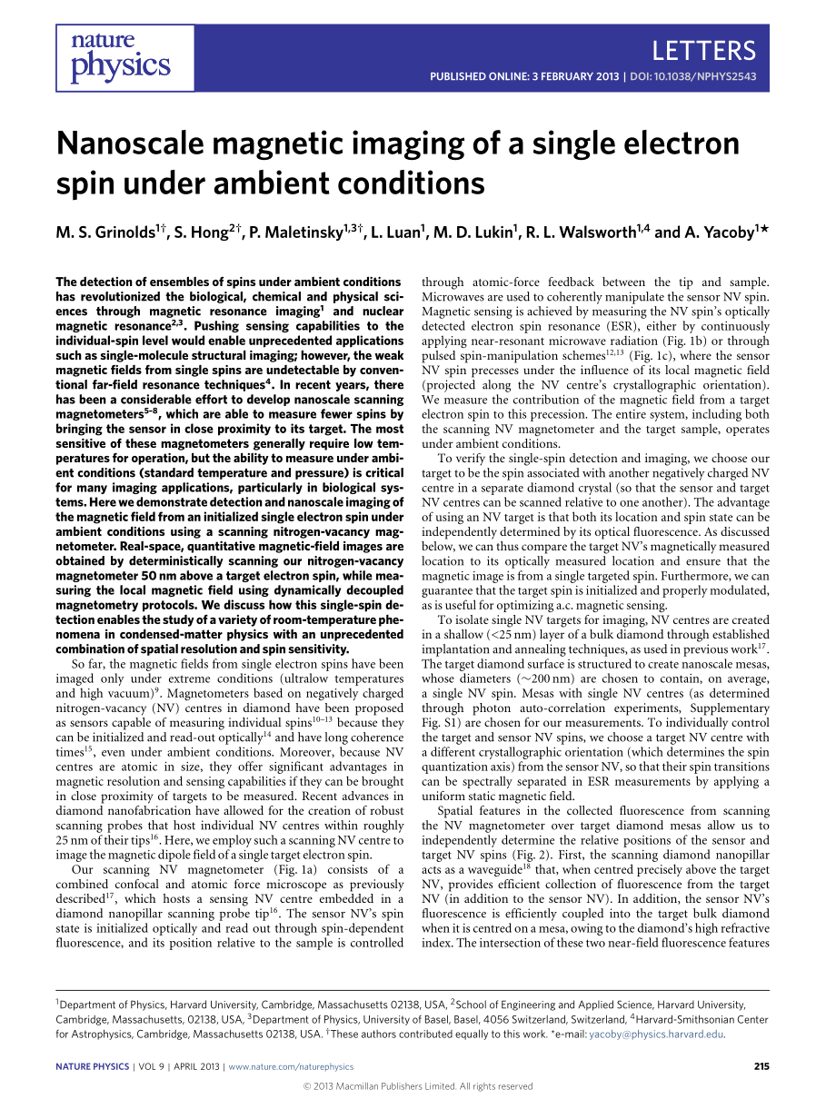 外文原文-在外界条件下一个单电子自旋的纳米级磁像.pdf_第1页