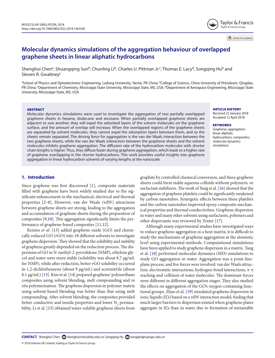 Molecular dynamics simulations of the aggregation behaviour of overlapped graphene sheets in linear aliphatic hydrocarbons.pdf_第2页