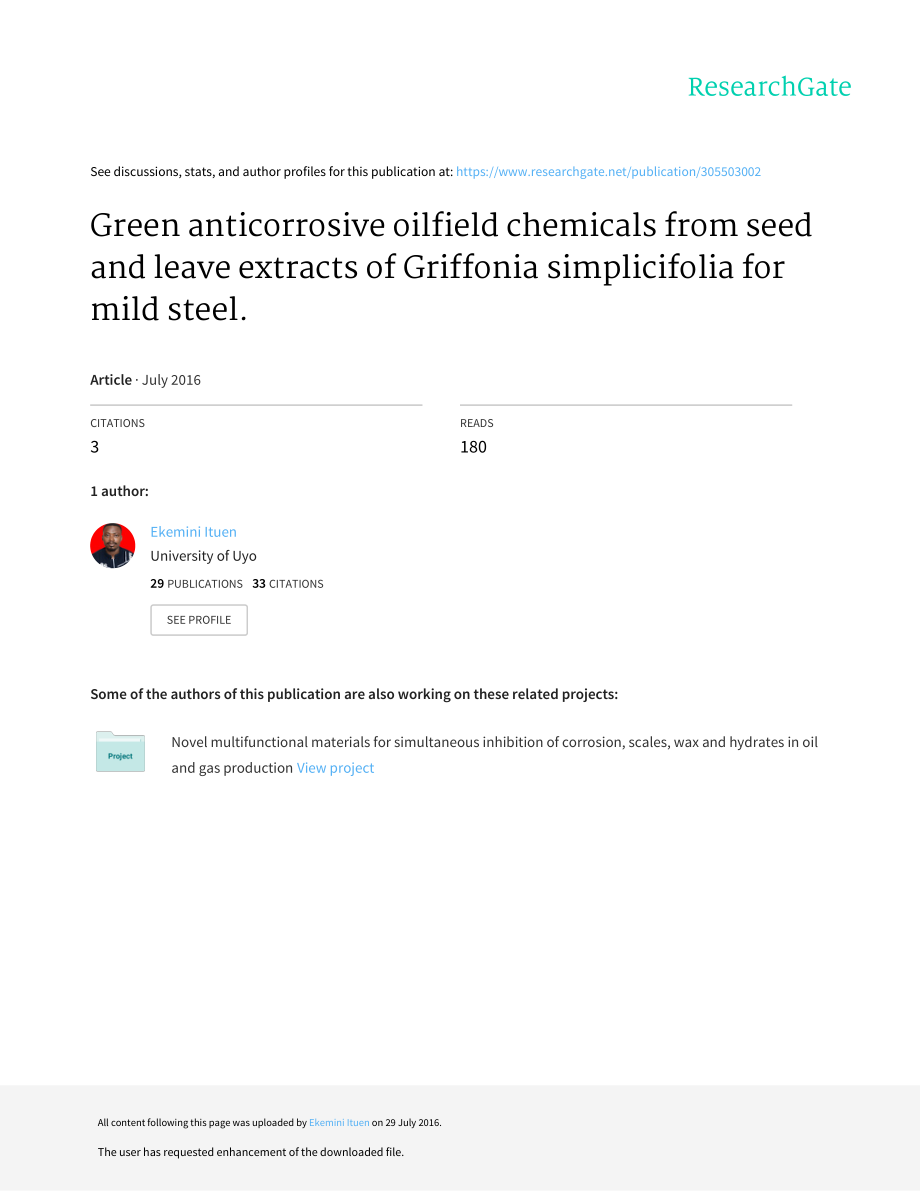 Green anticorrosive oilfield chemicals from seeds and leave eextracts of Griffonia simplicifolia for mild stel.pdf_第1页
