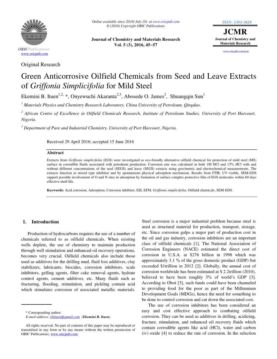 Green anticorrosive oilfield chemicals from seeds and leave eextracts of Griffonia simplicifolia for mild stel.pdf_第2页