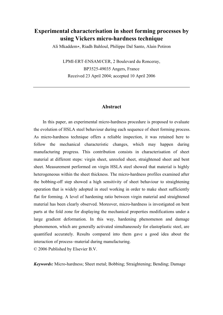 外文翻译-显微硬度表征板材成形过程中的实验特性的应用.doc_第1页