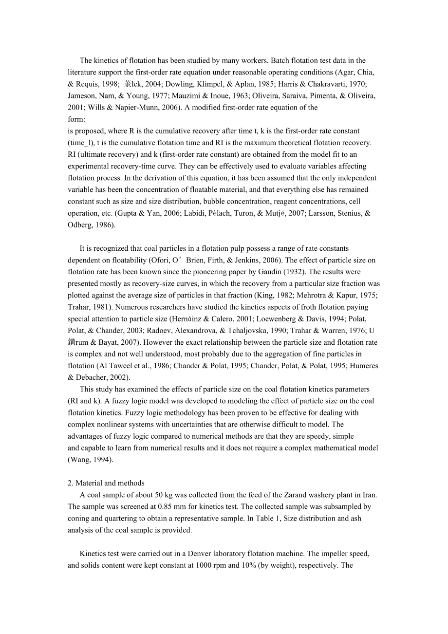 文献翻译-模糊逻辑法研究粒度对煤浮选动力学的影响.doc_第2页